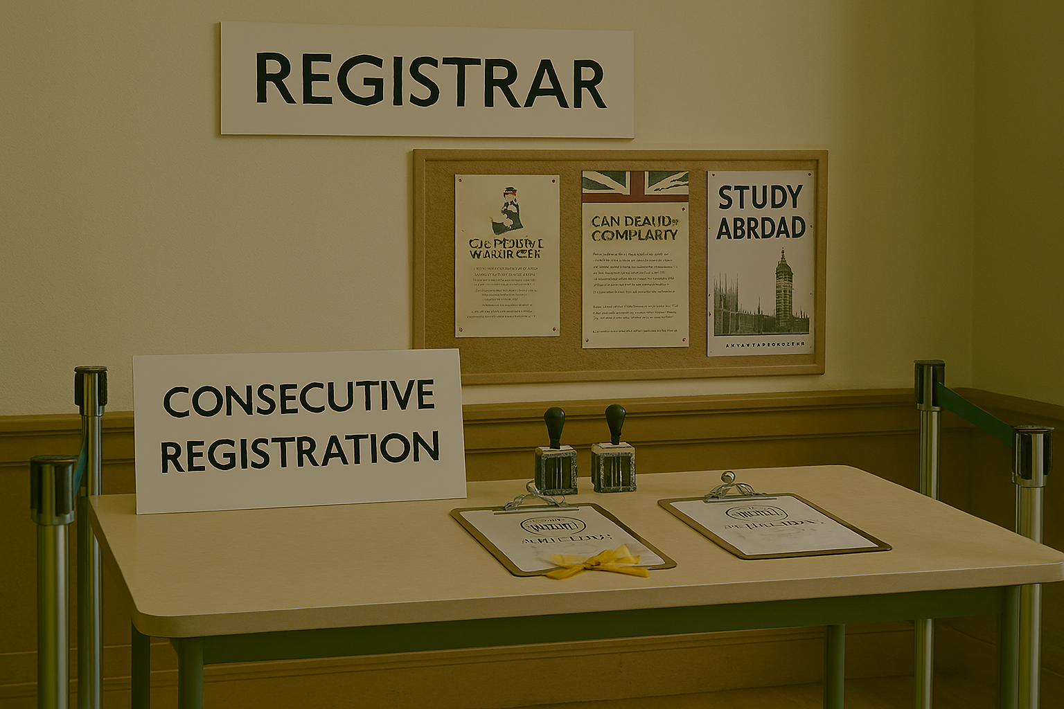 Registrar queue area with clipboards and date stamps.